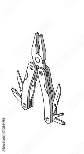 Illustration of a multi-tool with pliers, knife, and screwdriver attachments.