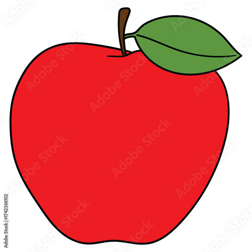Hand-drawn cartoon red apple with green leaf on a white background.