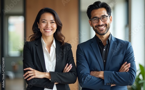 Portrait of happy executive managers, two business man and woman leaders entrepreneurs, corporate partners business owners professional work team standing arms crossed in office looking at camera.