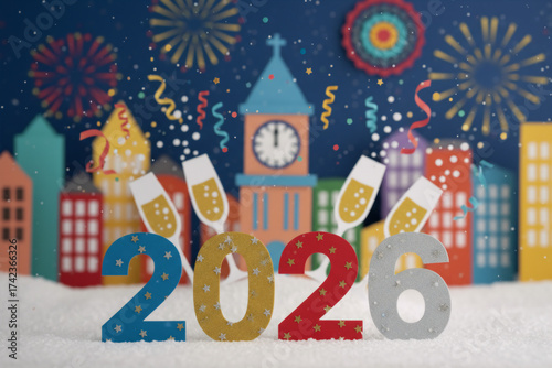 Wallpaper Mural New Year's Eve 2026 in the City: A paper craft diorama with a clock tower, fireworks, and champagne. Torontodigital.ca