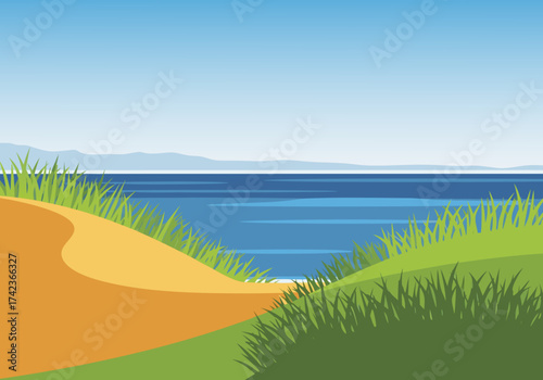 Vector illustration of a serene coastal landscape with sand dunes, green grass, and a calm blue ocean under a clear sky, perfect for summer and nature designs