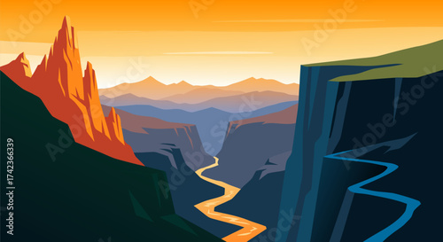 Vibrant Vector Illustration of a Majestic Grand Canyon Landscape with a Flowing River at Sunset, showcasing Towering Cliffs and Distant Mountains
