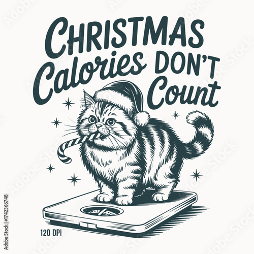 funny christmas cat with santa hat and candy cane on scale christmas calories dont count holiday humor vector artwork
