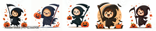 Vector of a little boy in a grim reaper costume celebrating Halloween