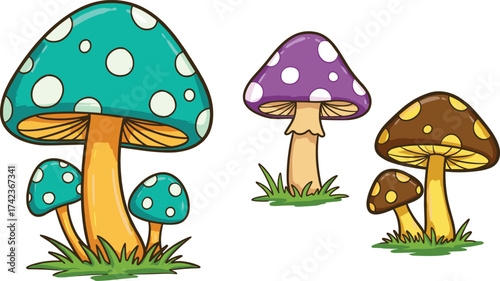Colorful cartoon mushrooms with spotted caps, whimsical fantasy fungi groups, decorative garden plants, outdoor nature illustration set, cad drawing flat vector illustration