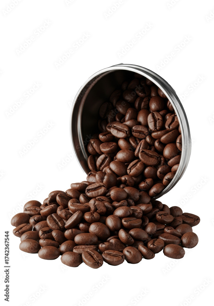 Naklejka premium Freshly roasted Arabica coffee beans, rich dark brown, spilling from a sleek polished silver can onto a white surface, transparent backdrop, ample copy space, high-end coffee advertising concept