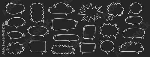 Crayon speech bubbles set. Chat talk boxes. Line chalk hand drawn frames. Kid doodle style. Dialogue balloon clouds. Pencil drawing, white thought elements, black background. Vector illustration