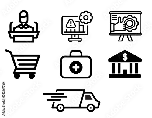 Collection of business and service icons in outline style