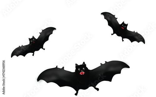 Flying Cartoon Bats Vector Spooky Halloween Creatures with Red Eyes and Fangs