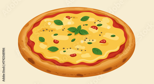 Delicious Pizza with Cheese, Basil, and Pepperoni Illustration