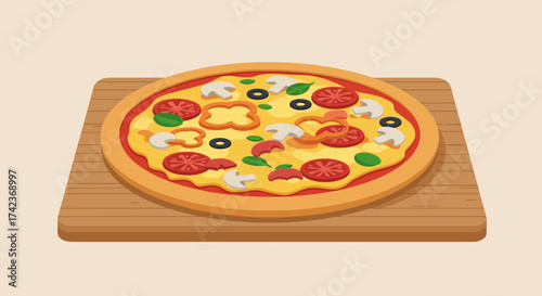 Delicious Pizza with Tomatoes, Mushrooms, and Olives on Wooden Board