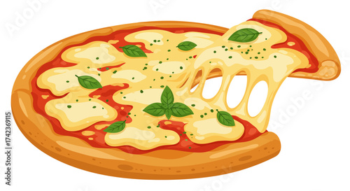 Delicious Pizza with Melted Cheese and Basil Topping Illustration