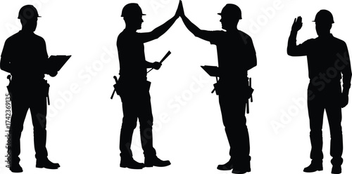 Construction worker silhouettes with clipboard and blueprint, teamwork high‑five, occupational safety, collaboration, planning, industrial workforce, vector illustration