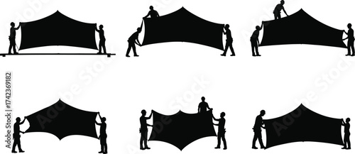 Construction worker silhouettes assembling tent canopy, teamwork process, occupational safety, event setup, collaboration, infrastructure crew, vector illustration