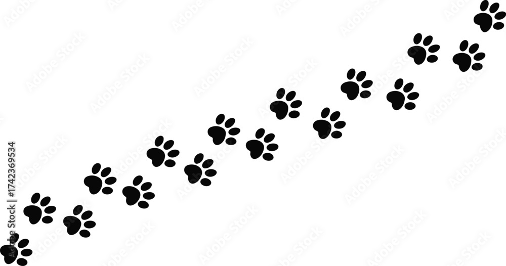 Naklejka premium Long Diagonal Black Paw Print Trail Vector. Animal Footprint Path. Dog or Cat Tracks for Website Border or Background
