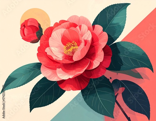 赤い椿の花のイラスト / Red Camellia Flower Illustration