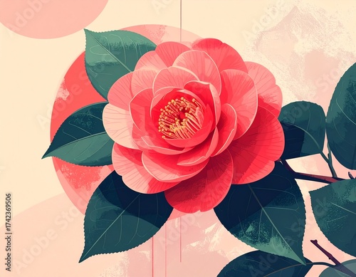 赤い椿の花のイラスト / Red Camellia Flower Illustration