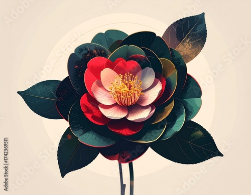 赤い椿の花のイラスト / Red Camellia Flower Illustration