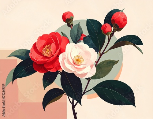 赤い椿の花のイラスト / Red Camellia Flower Illustration