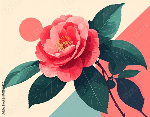 赤い椿の花のイラスト / Red Camellia Flower Illustration