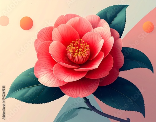 赤い椿の花のイラスト / Red Camellia Flower Illustration