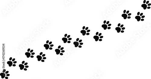 Long Diagonal Black Paw Print Trail Vector. Animal Footprint Path. Dog or Cat Tracks for Website Border or Background