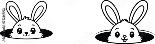 Cute Cartoon Rabbit Peeking Out of a Hole Burrow Line Art Drawing Bunny Icon Vector Illustration