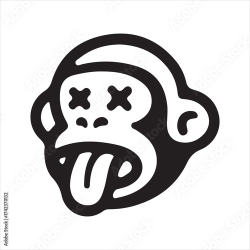 Stylized black and white cartoon monkey face with x eyes and tongue sticking out