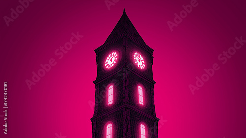Creepy Clock Tower Poster. Spooky stylized clock tower with glowing windows on hot pink background, Halloween, empty top space for text, dramatic poster