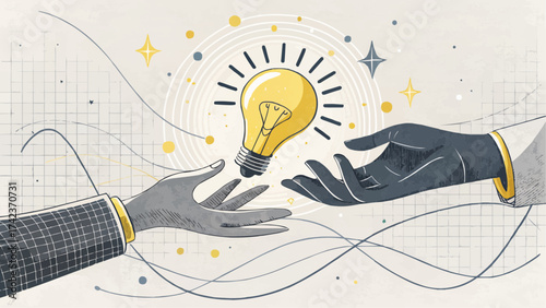 Two hands reaching for a bright yellow light bulb amidst abstract lines and sparkling star shapes design