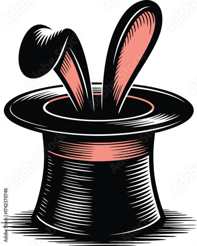 Magician's Top Hat with Rabbit Ears Pop Up Woodcut Engraving Retro Style Magic Show Vector Illustration