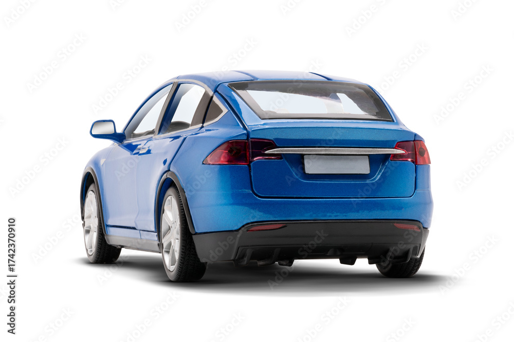 Naklejka premium Blue colored modern electric toy car studio photo showcasing left side and rear view.