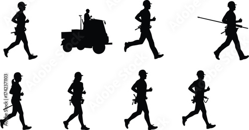 Construction workers silhouettes with utility vehicle, hard hats, safety helmets, industrial labor force, occupational safety, infrastructure, vector illustration