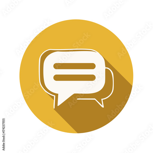 White Speech Bubble Icon with Horizontal Lines Inside on Yellow Circle with Shadow
