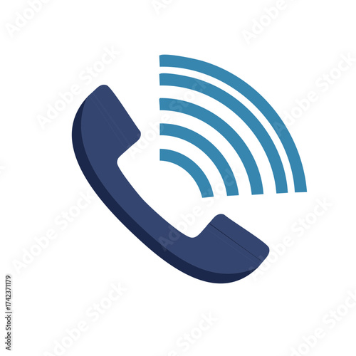 Blue and white phone icon, with sound wave, in digital communication concept.