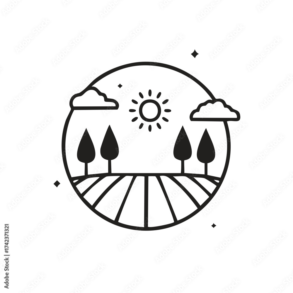 Fototapeta premium Stylized Circular Landscape with Trees, Sun, and Clouds