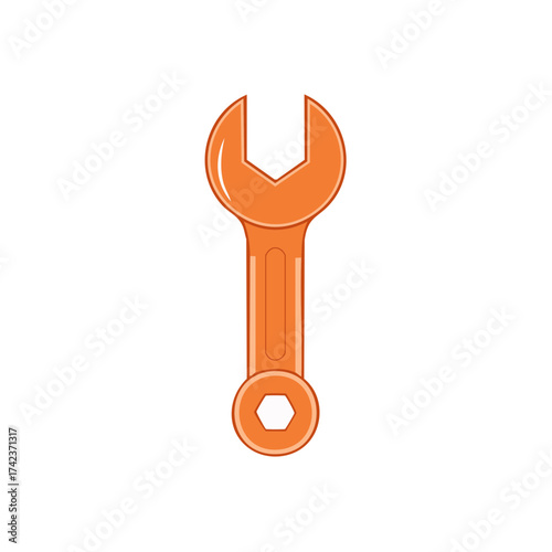 Orange wrench tool graphic, illustrated equipment for repair, isolated on a white backdrop.