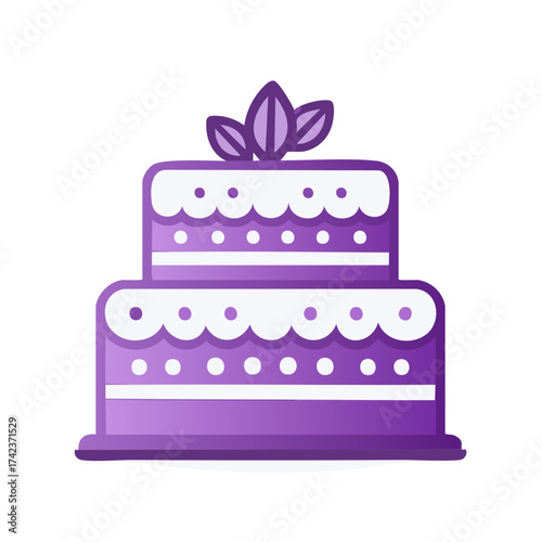 Two tier purple and white celebration cake with decorative frosting and leaves on top