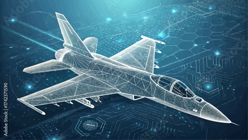 Digital blueprint of a fighter jet with a polygonal mesh overlay on a circuit board background