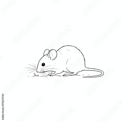 Charming black and white line art illustration of a small, curious mouse with prominent ears and a long tail, attentively sniffing the ground in a minimalist style