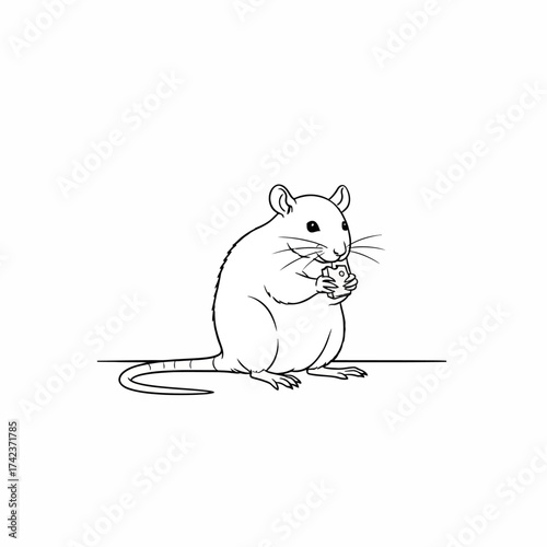 Charming monochrome line drawing depicting a small rodent, a rat, nibbling on a treat with visible whiskers and a long tail, presented on a clean white background