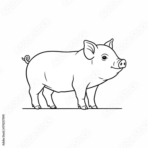 Charming minimalist illustration of a healthy domestic pig, captured in a clean line art style, perfect for various design projects, educational materials, or farm-themed content