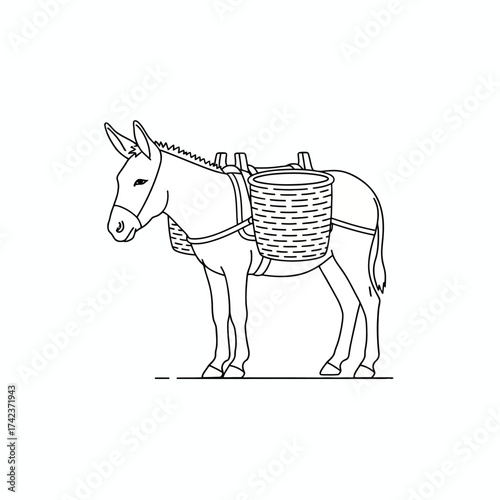 Simple black and white line art illustration of a donkey carrying baskets, representing traditional rural transport and farm animal