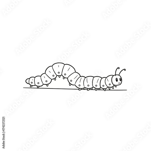 Adorable black and white line drawing of a cute caterpillar, wiggling cheerfully, ideal for children's activities, nature-inspired crafts, and simple graphic design projects