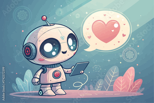 Cute robot sending love message with heart in speech bubble while holding a tablet on a pastel background