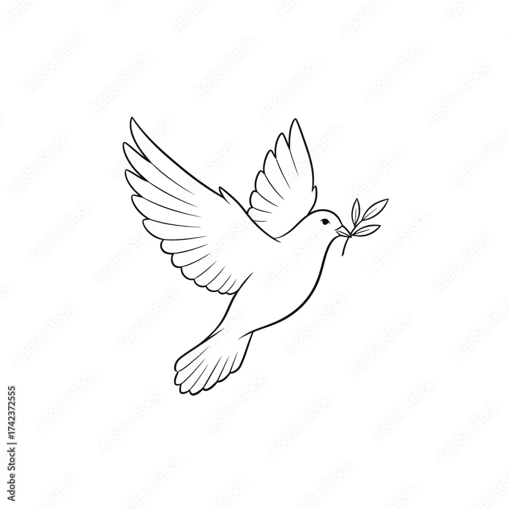 Fototapeta premium Elegant line art illustration of a graceful white dove in flight, carrying an olive branch, embodying universal symbols of peace, hope, freedom, and new beginnings