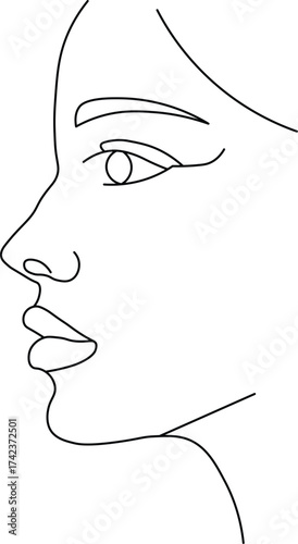 Elegant minimalist line art of a woman's face in profile for modern designs, perfect for beauty, fashion, or wellness branding that needs a touch of refined simplicity
