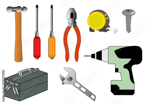 An assortment of tools, including a hammer, screwdrivers, pliers, tape measure, screw, toolbox, wrench, and drill, arranged on a white background.