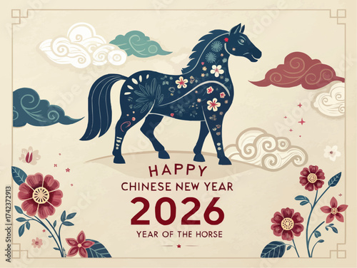 Happy chinese new year greeting card with horse illustration and floral decorations in beige background