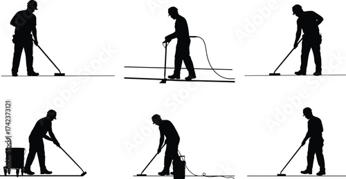 Floor cleaning worker silhouettes with equipment, industrial maintenance, occupational safety, hygiene services, janitorial crew, facility management, vector illustration